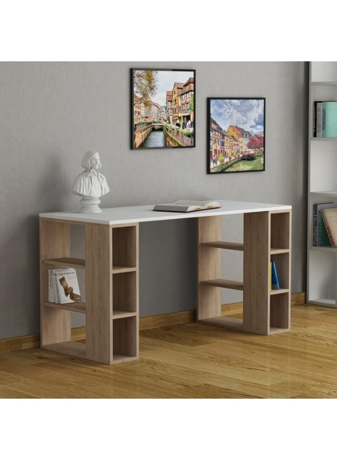 Decortie Colmar Working Table, Study Desk Multifunctional Use For Home And Office Simple, Modern And Stylish Design, D 60 x W 140 x H 75 cm, White - Brown Oak - Image 1